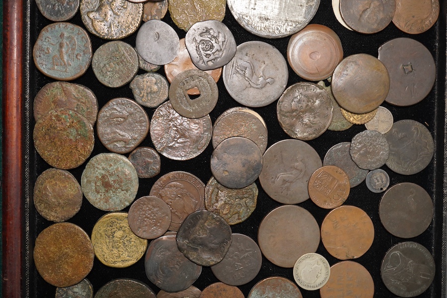 Roman AE coinage and various AE bank tokens and world coins, together with various 19th century commemorative medals